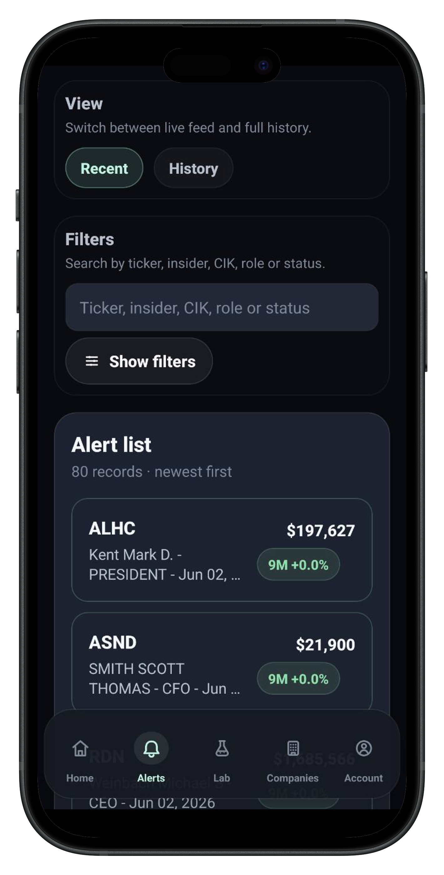 Fenris alert list with recent insider purchases and collapsed filters