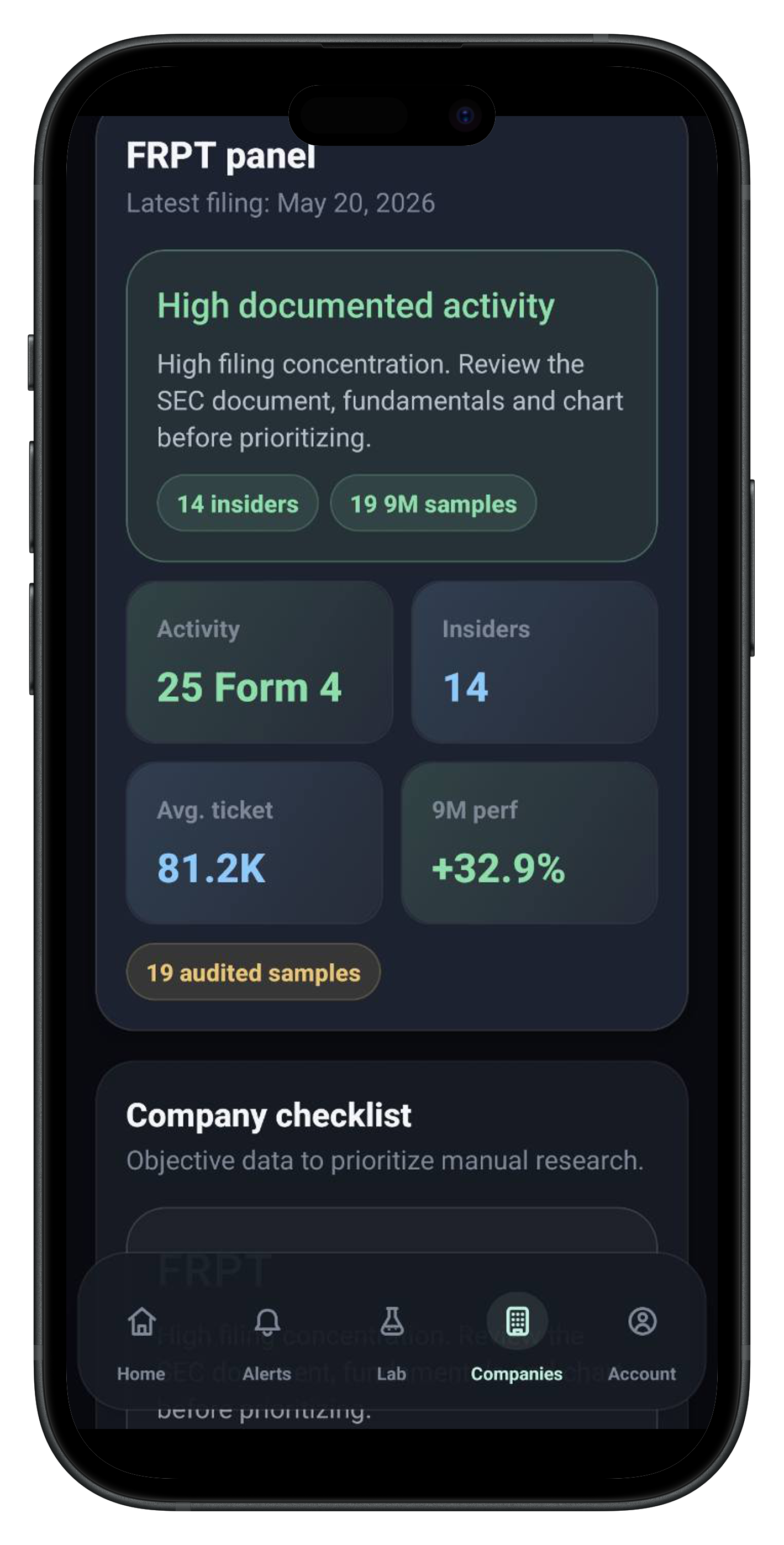 Fenris company panel with documented insider activity and audited samples