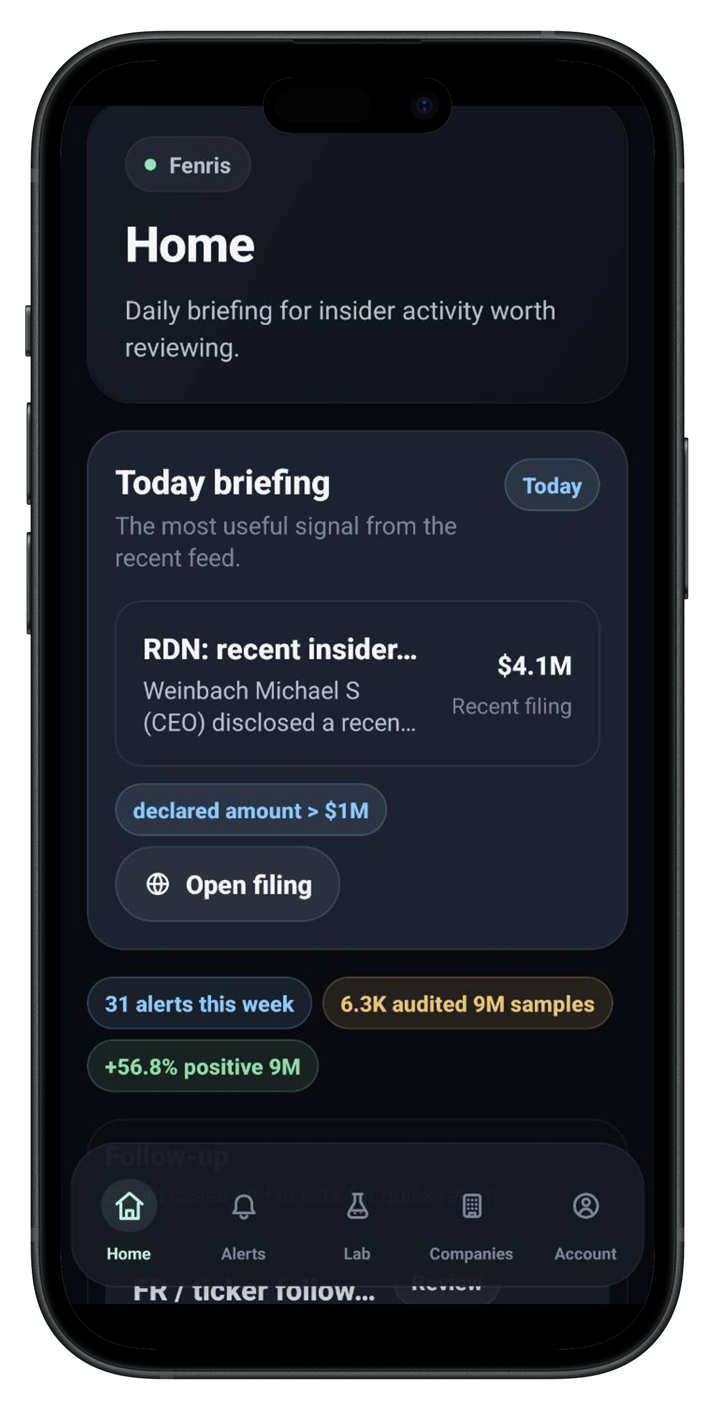 Fenris home dashboard with insider activity summary metrics