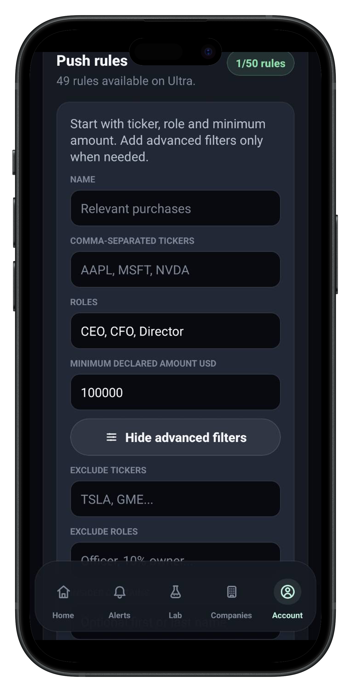 Fenris push rule form with ticker role and minimum amount fields